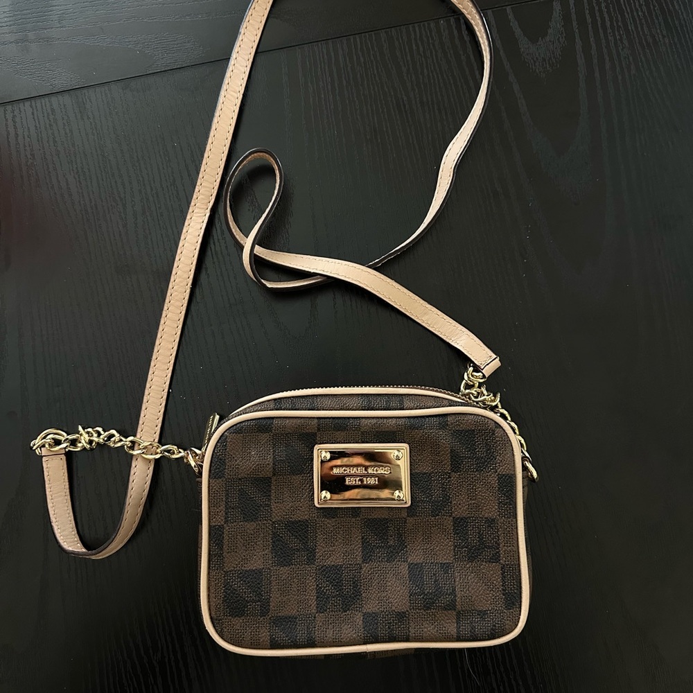 Michael Kors Tan and Brown Checkered Crossbody Bag